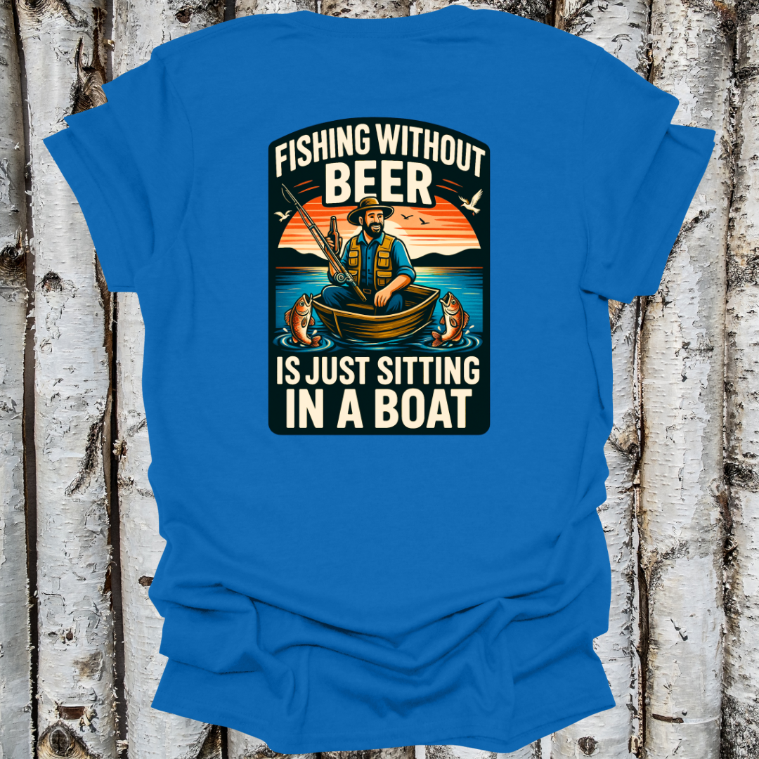 Back Printed Fishing Without Beer T-shirt Blue Retro Sunset T-shirt