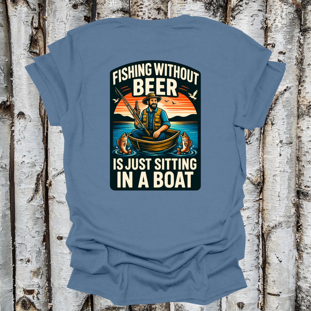 Back Printed Fishing Without Beer T-shirt Blue Retro Sunset T-shirt