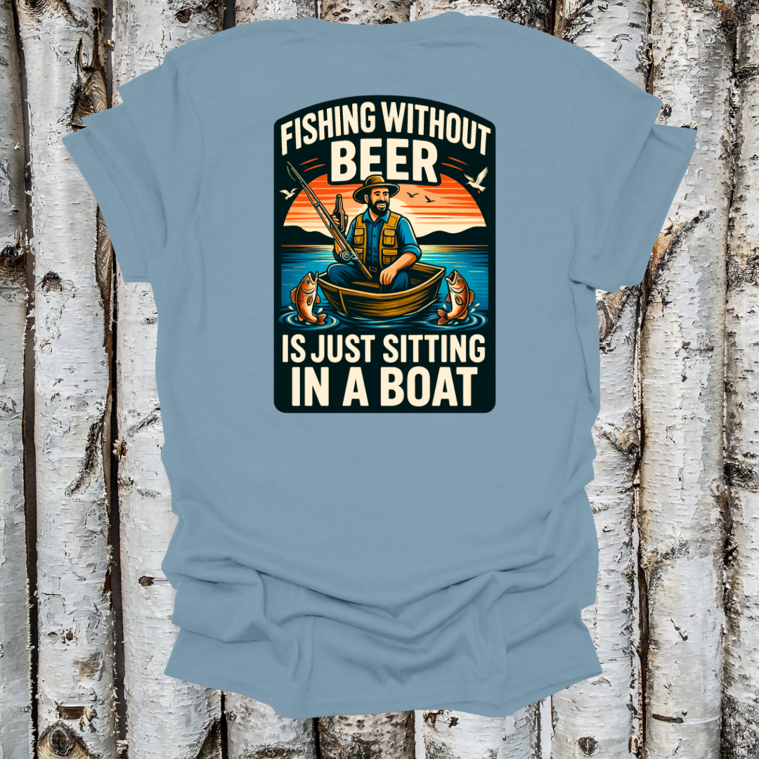 Back Printed Fishing Without Beer T-shirt Blue Retro Sunset T-shirt
