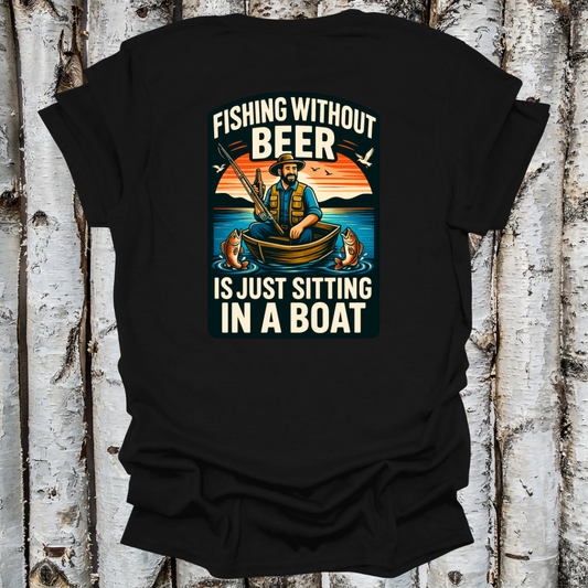 Back Printed Fishing Without Beer T-shirt  Blue Retro Sunset T-shirt